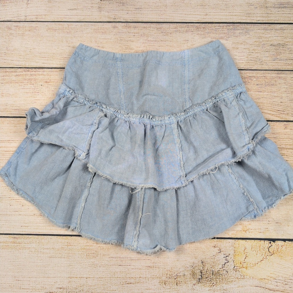 Free People Ruffle Mini Skirt Denim Blue Size‎ 4 Layered Frayed Hem Boho western